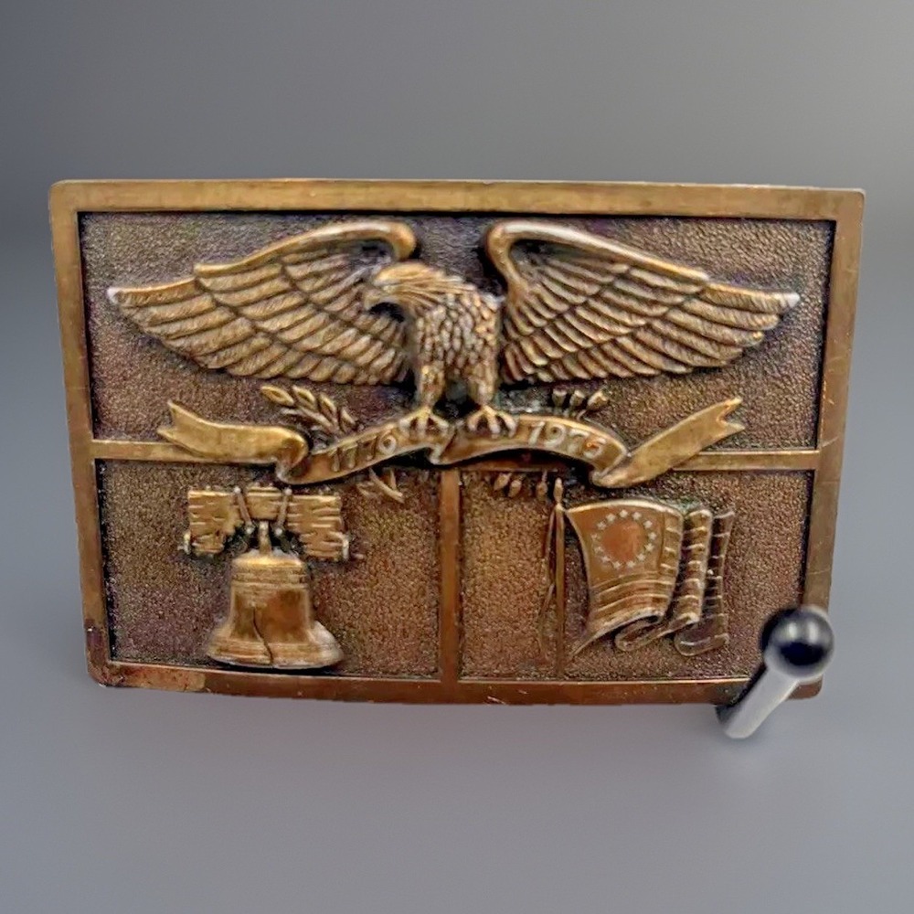 Vintage 1976 Bicentennial Belt Buckle Eagle Flag Liberty Bell Patriotic Brass